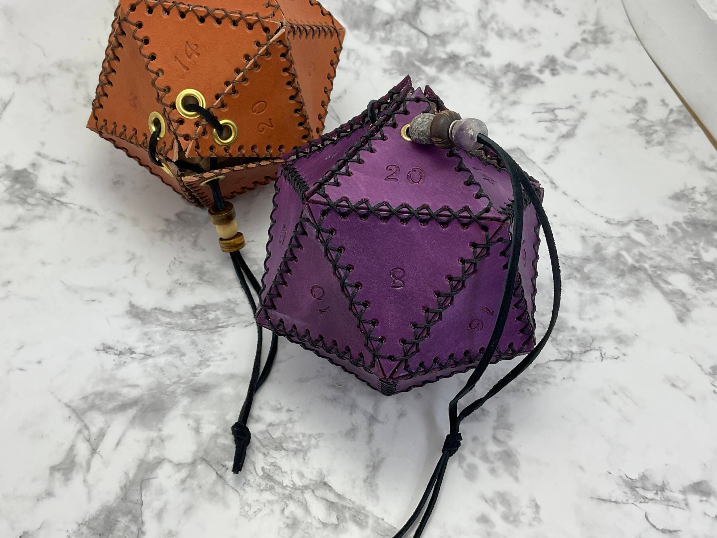 d20 dice bag in purple and canyon tan