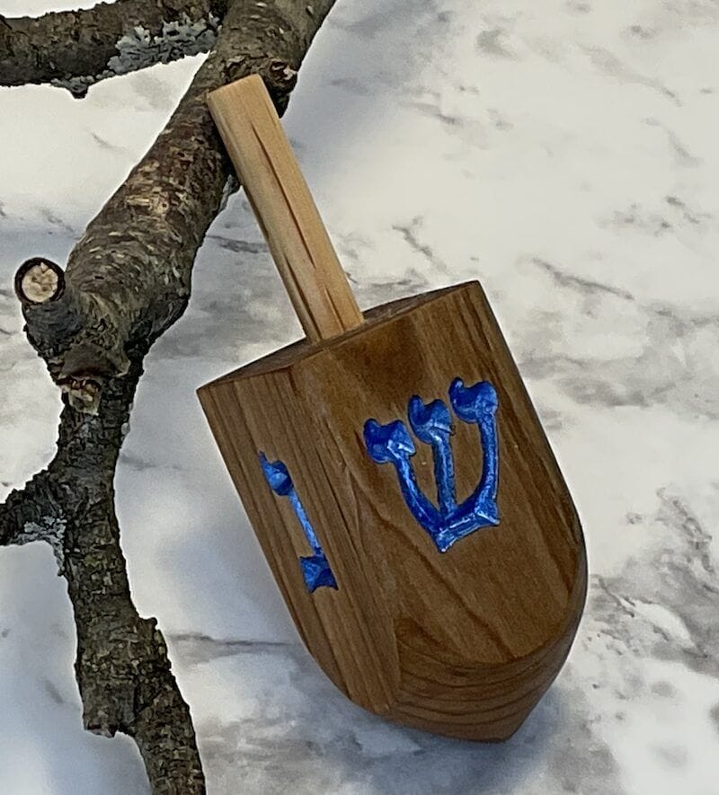 dreidel medium wood with blue paint